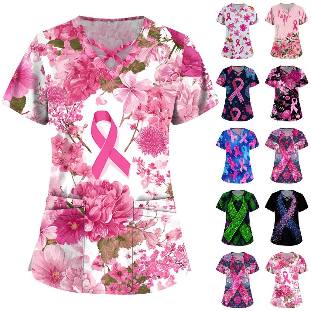 Women's Fashion V-Neck Short Sleeve Overalls Double Layer Pocket Printed Tops Apparel