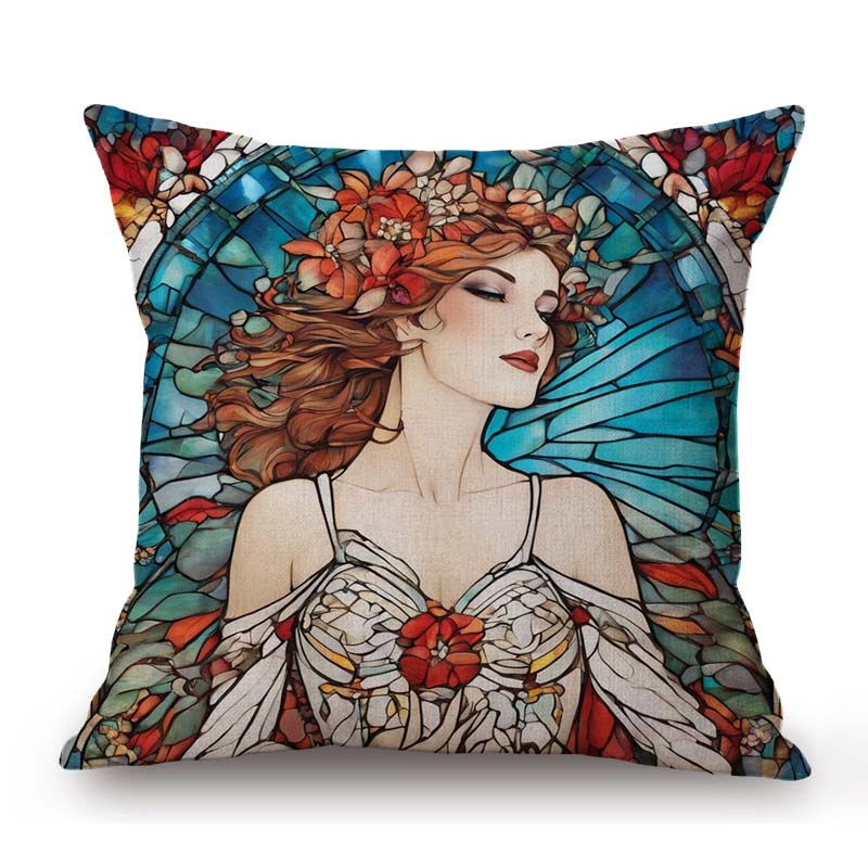 Nouveau Art Mucha Style Stained Glass Eleglant Lady Divine Witch Retro Decoration Art Sofa Pillow Case Linen Cushion Cover