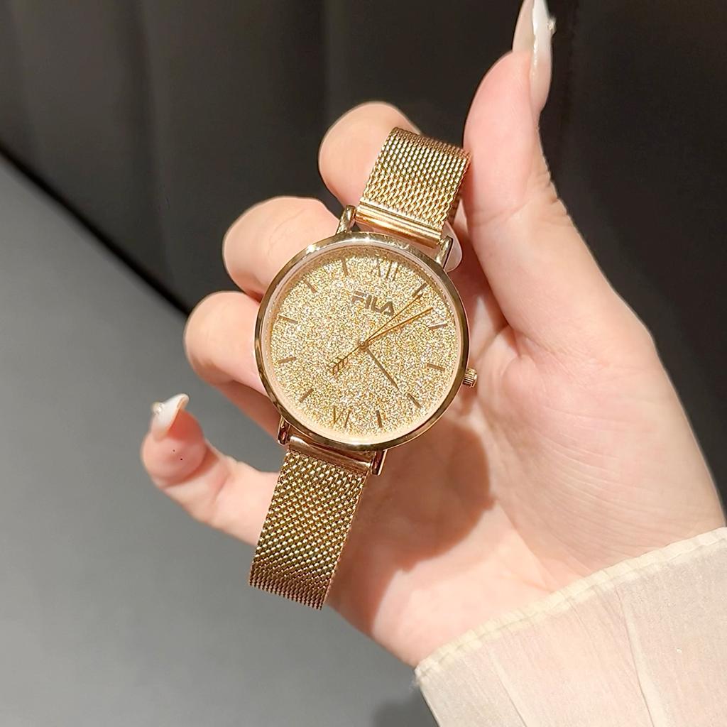 FILA Arrow Starry Sky Womens Watch Quartz Movement Stainless Steel Band Gold Dial Luxury Minimalist Student Womens Watch Romantic Gift Box FLL38-6559