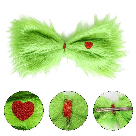 Christmas Green Furry Bow for Tree Large Green Furry Hair Bow with Red Heart Christmas Costume Accessories for Women Girls