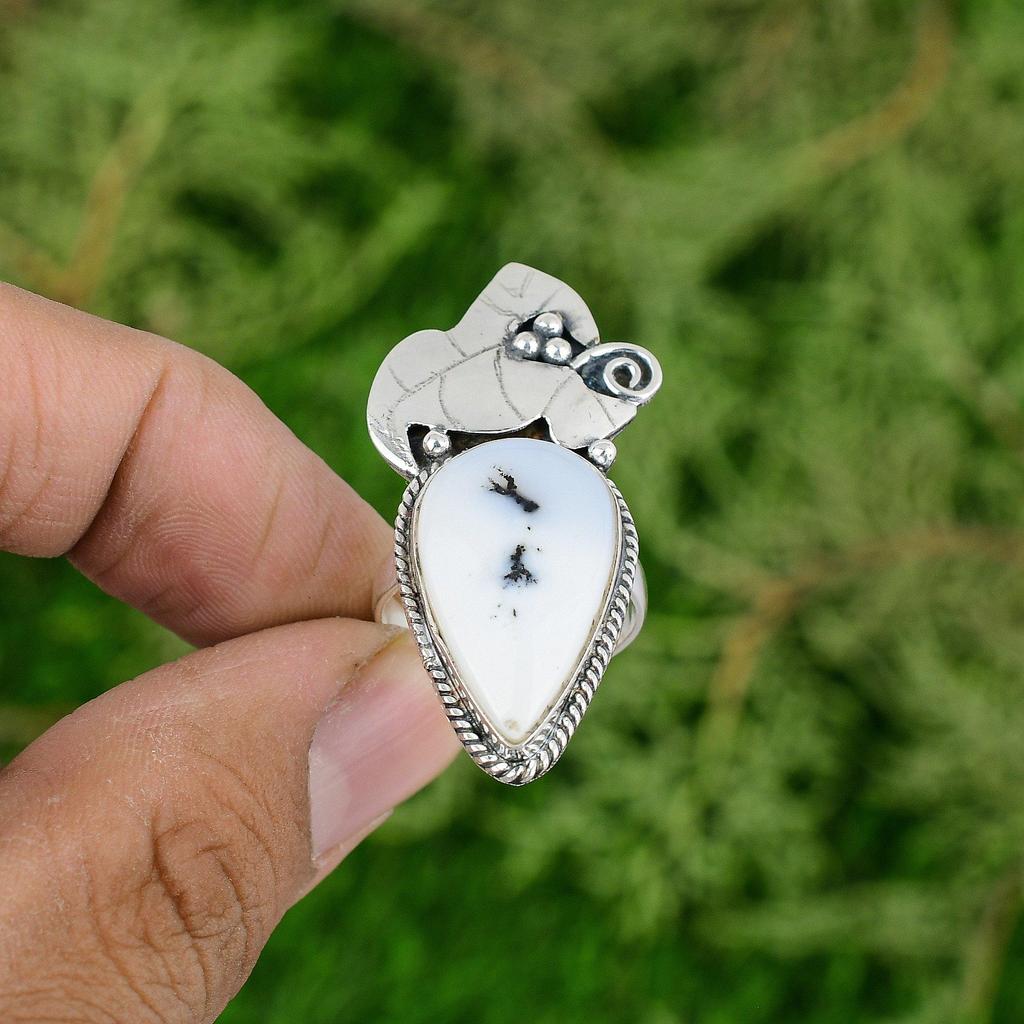 Dendrite Opal Gemstone 925 Sterling Silver Birthday Solitaire Ring Jewelry US 8
