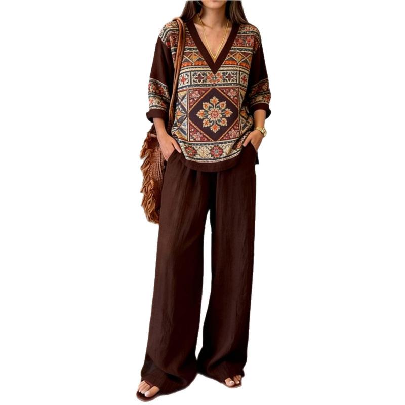 Loose casual y1 new v-neck top wide-leg pants two-piece women's clothing European and American fashion suit