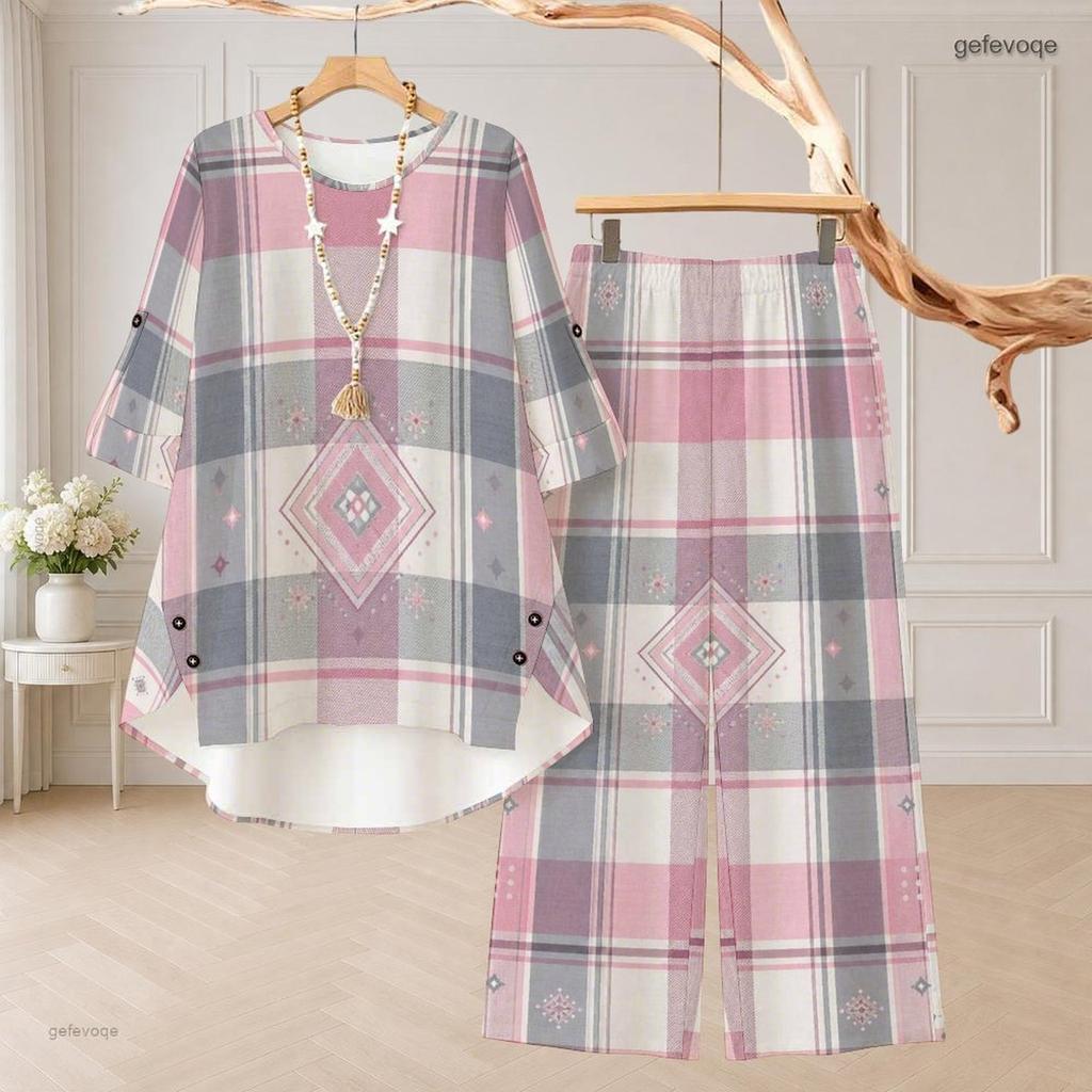 Women Plus Size Printed Two Piece Pants Set Round Neck Half Sleeve High Low Top Long Pants