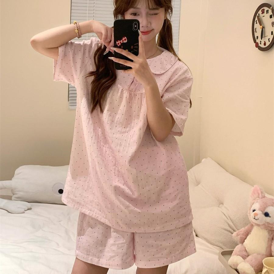 Japanese doll collar polka dot pink girl pajamas summer short-sleeved shorts set can be worn outside loungewear two-piece set