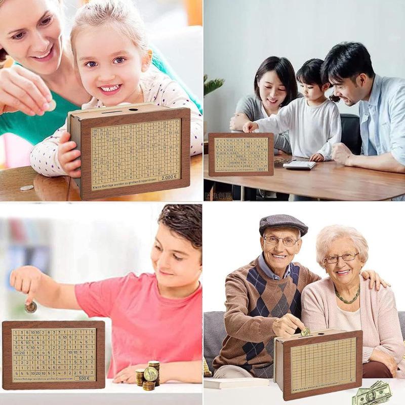 Creative Wooden DIY Piggy Bank with Money Saving Challenge Stickers