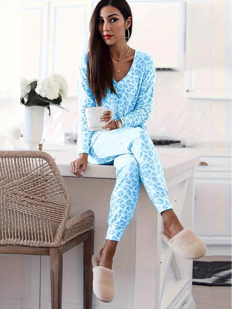 European and American Plus Size V-neck Butterfly Print Long-sleeved Top & Pants Leopard Set.