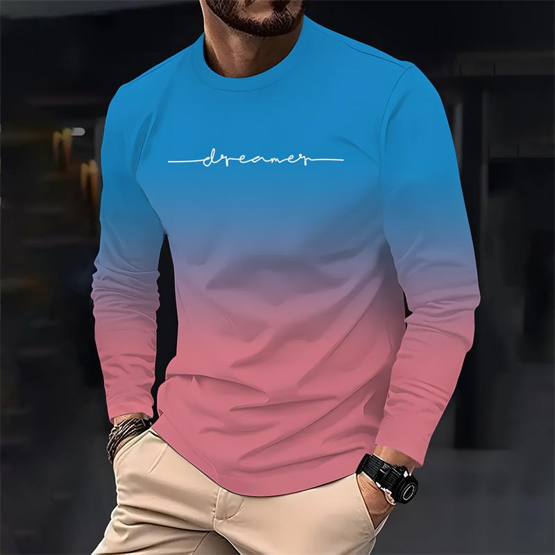 Men's Gradual Casual Long-sleeved T-shirt Simple Fashion Letter Print Loose T-shirt Youth Comfortable Crewneck Top