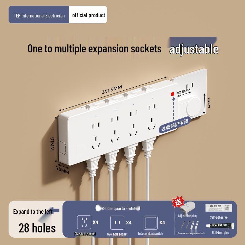 Expandable 86 Type Multi-hole Switch Panel Socket with Surface-Mounted Extension Converter for Household Use.