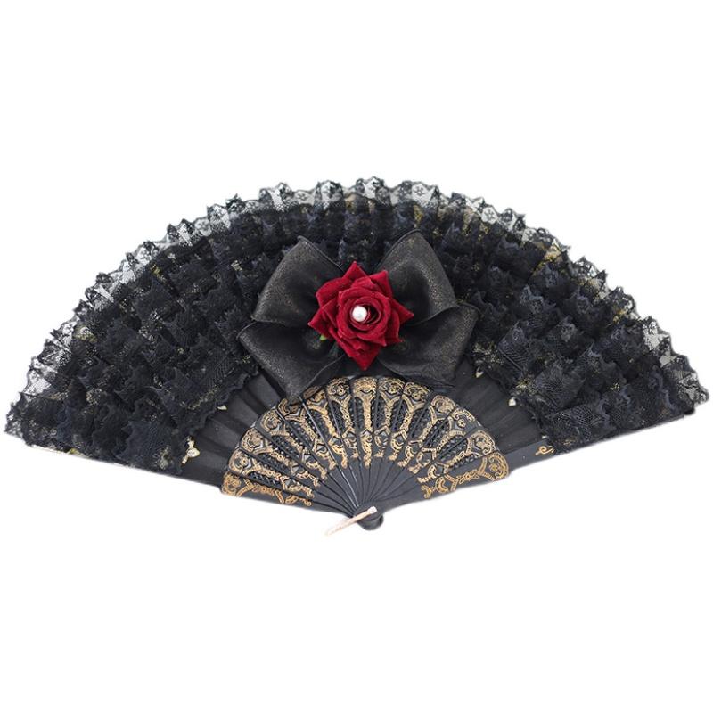 

Винтажный кружевной веер Лолита Классический Милый Фея Девушка Темный Готический Веер с Розами Аксессуар чёрный