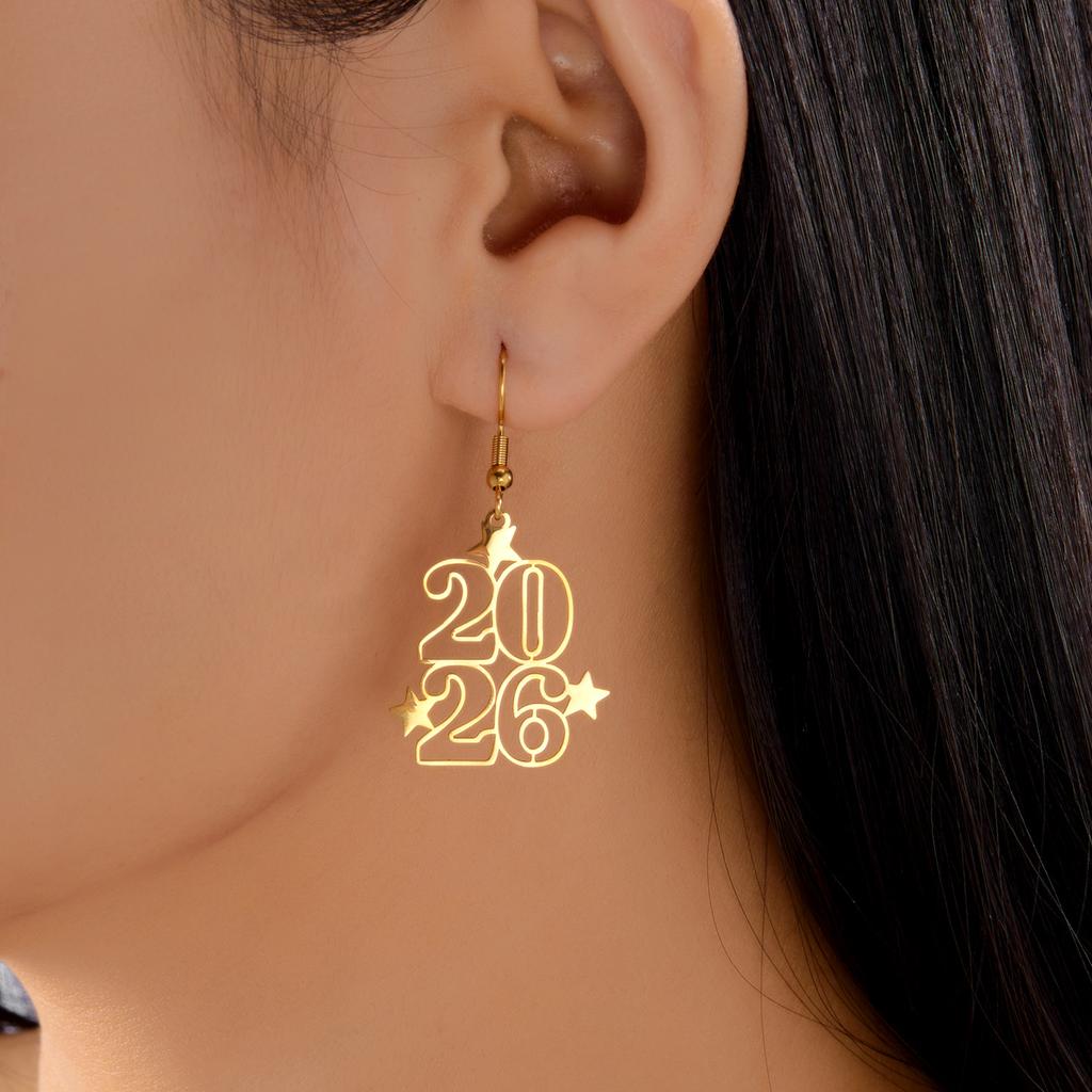 Stainless Steel Number 2026 Pendant Drop Earrings for Women Minimalist Gold Color Geometric Earring New Year Jewelry Gifts