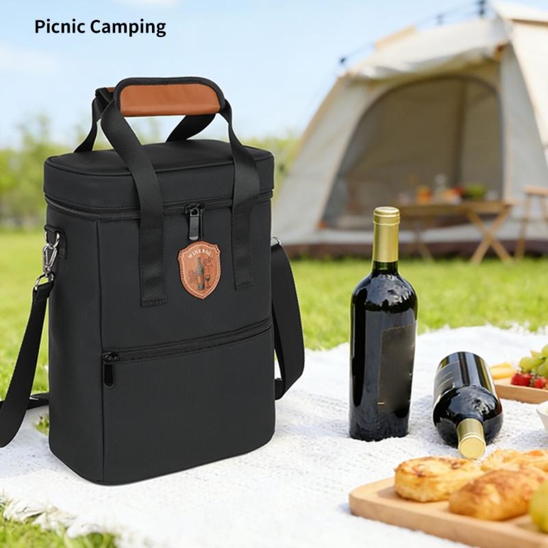 Elegant Bottle Insulated Container With Secure Design For Picnics Parties And Travel Holds 2 Bottles In Black Gray steelblue