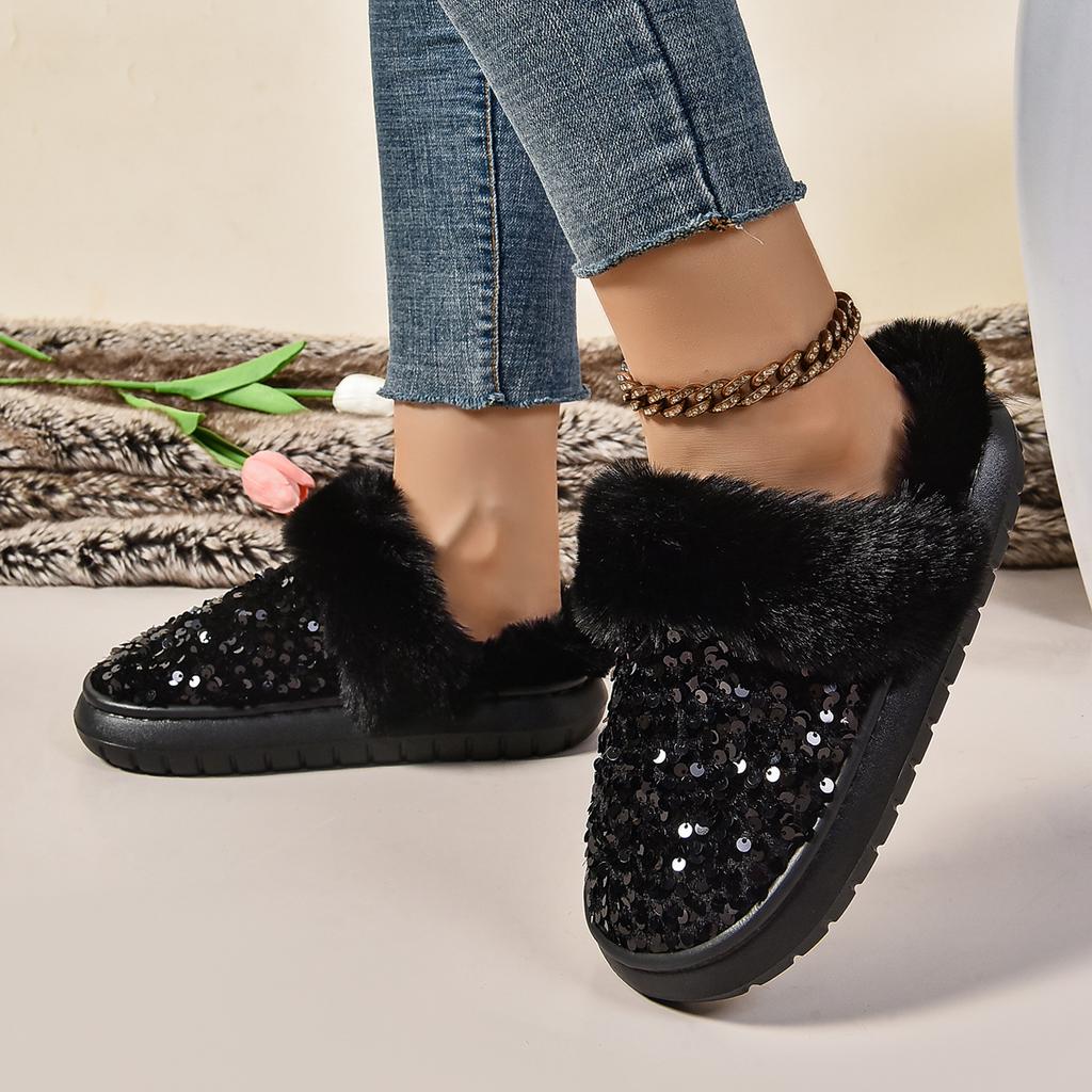 Módní dámské sněhule Protiskluzové Kulatá špička Sametová podšívka Lehké Zimní boty Dámské Kotníkové Boty Silná podrážka Kamínky Flitry Boty