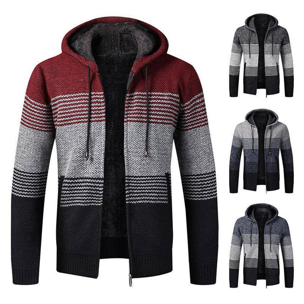 Men's Plush And Thick Color Matching Sweater Men's Clothing Jacket Hooded Cardigan