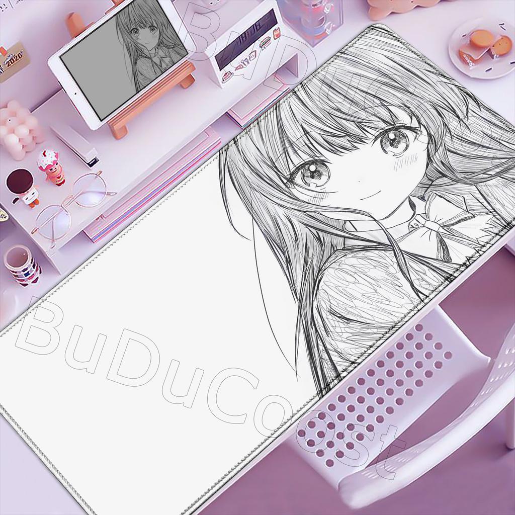 Kawaii Black & White Anime Girl Table Mat Large Mouse Pad Office Keyboard Lock Edge Desk Mat Gamer Accessories Non-slip Mousepad