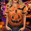 Women's Halloween Print Henley Neck Short Sleeve Linen Blend Shirt with Chest Pocket Casual Button Down Top for Fall Seasonal Wear