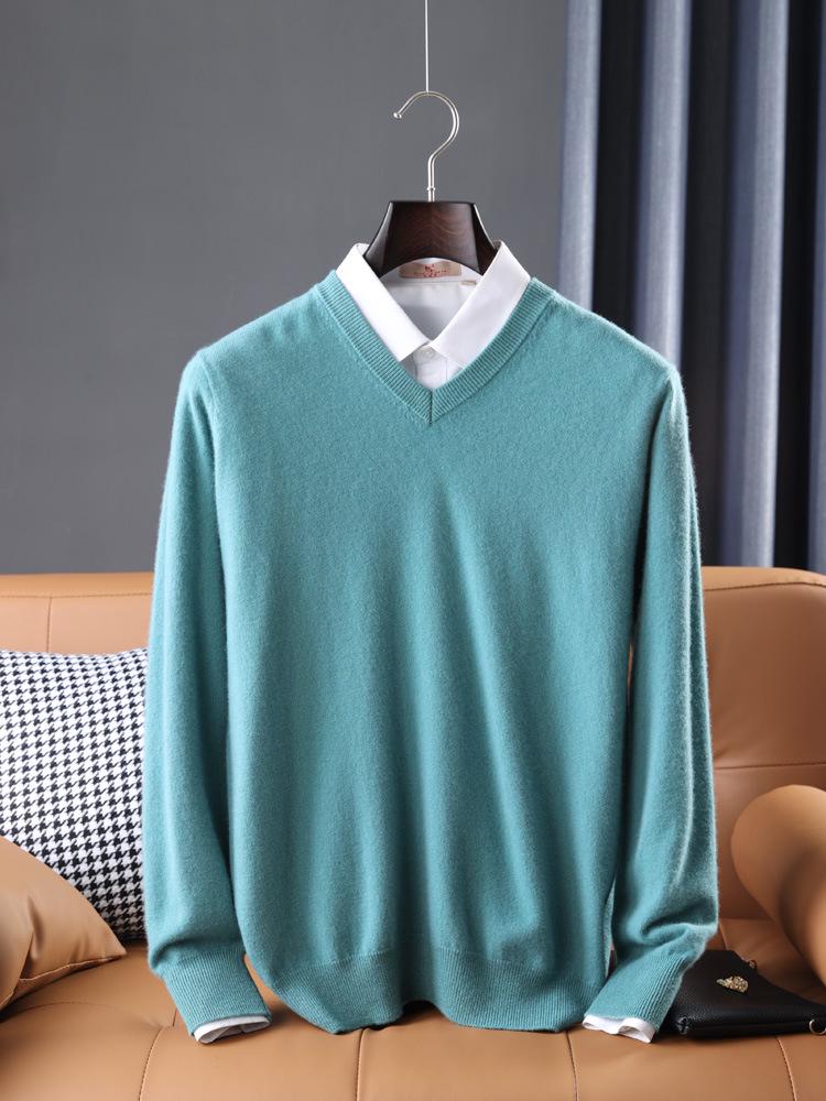 Men's Casual Autumn & Winter 100% Pure Wool V-Neck Loose Knit Sweater