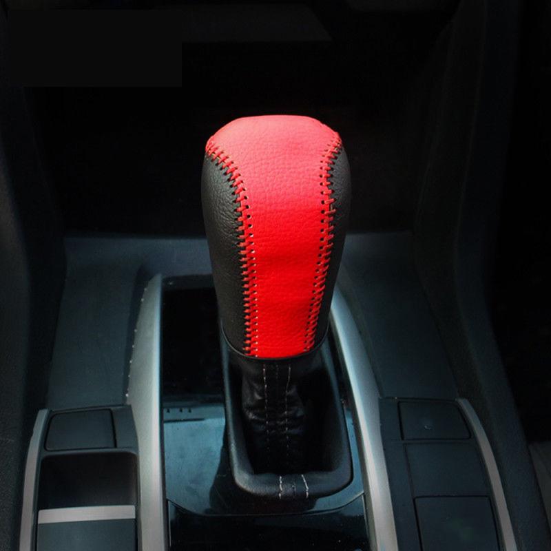 Car Gear Shift Knob Cover Leather Hand Sewing Gear Shift Knob Cover for Honda Civic 2016-2018