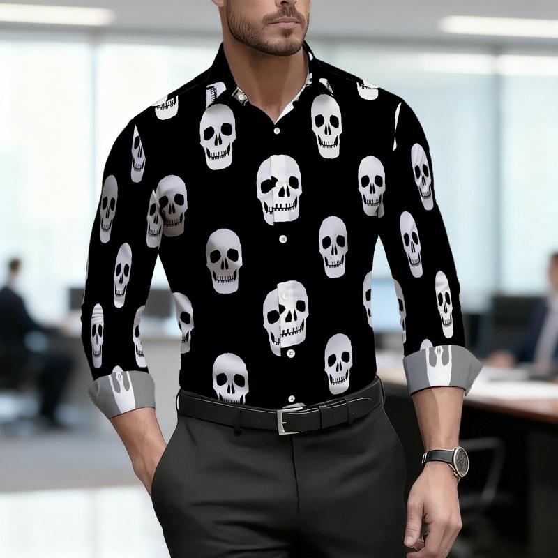 2026 New Men s Shirt Personalized Skull Print Black Long Sleeved Design European and American Street Fashion Men s S