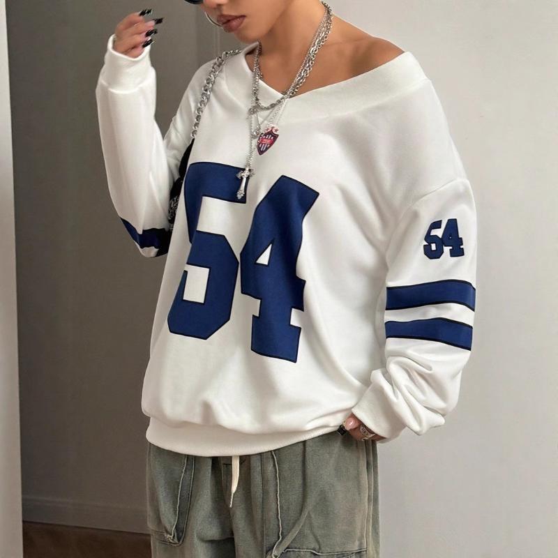 Dam Ny Amerikansk Retro V-ringad Lös Sportstil Sweatshirt