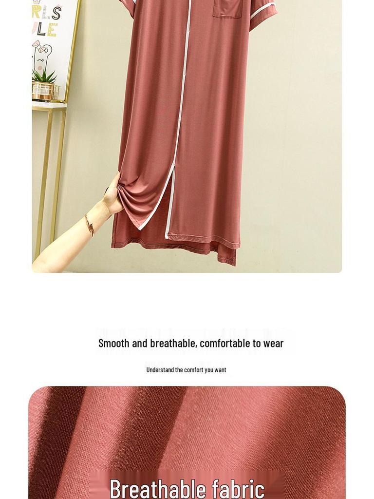 Women's Loose Modal V-Neck Summer Dress with Short Sleeves, Pocket, and Lightweight Design for Home or Outdoor Wear.