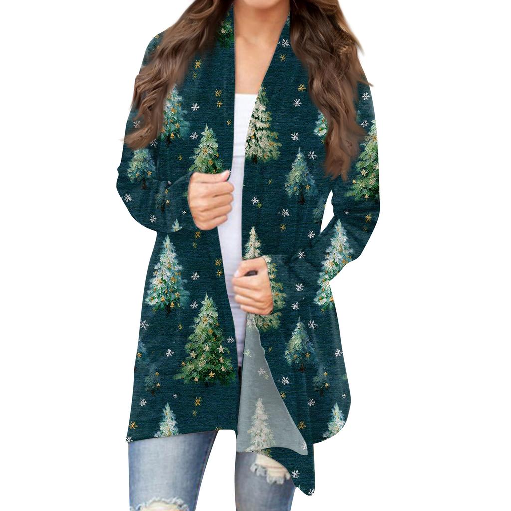Women's Fashion Christmas Print Jacket Long Sleeve Casual Cardigan Coat