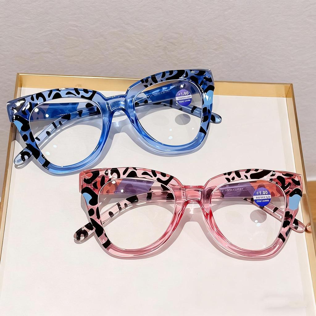 Unisex Übergroße Hochwertige Brille Leopard Print Rahmen Lesebrille für Damen Blau Anti Licht Altersweitsicht Brille