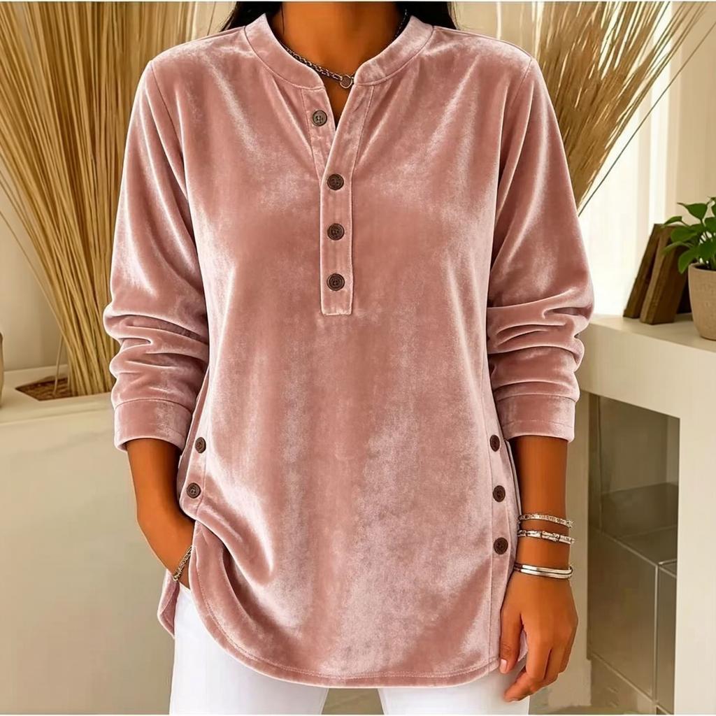 Haut Tunique Velours Femme Coupe Ample Col en V Boutonné Manches Longues