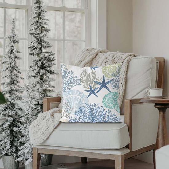 Coastal Beach Pillow Covers 18x18, Ocean Beachy Themed Room Decor, Coral Starfish Seashell Ocean Beach Decorative Throw Pillow Covers for Home Living