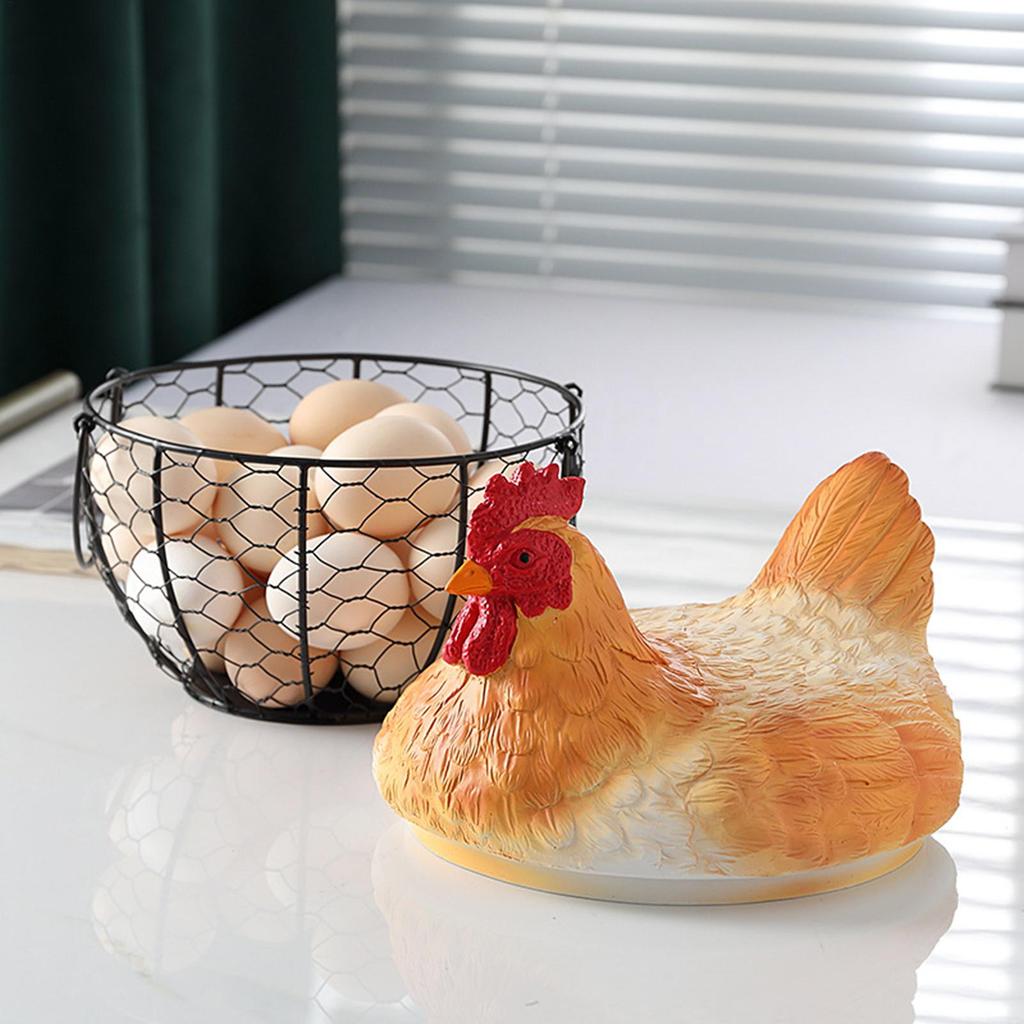 Vintage Metal Egg Gathering Basket with Hen Lid Storage Holder for Fruit Snack Easter Farmhouse Kitchen Desktop Decorations