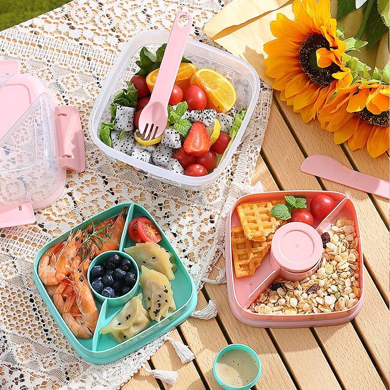 Portable 2 Layer Salad Bowls with Fork 1300ml/1600ml Lunch Box Sealed Leakproof Bento Boxes Reusable Picnic Box Food Container