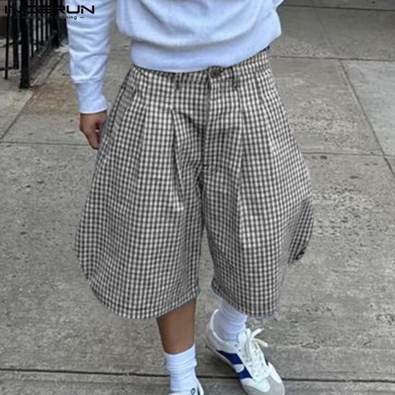 

INCERUN Men High Wiats Zipper Plaid Casual Loose Cropped Pants Shorts 5XL синій