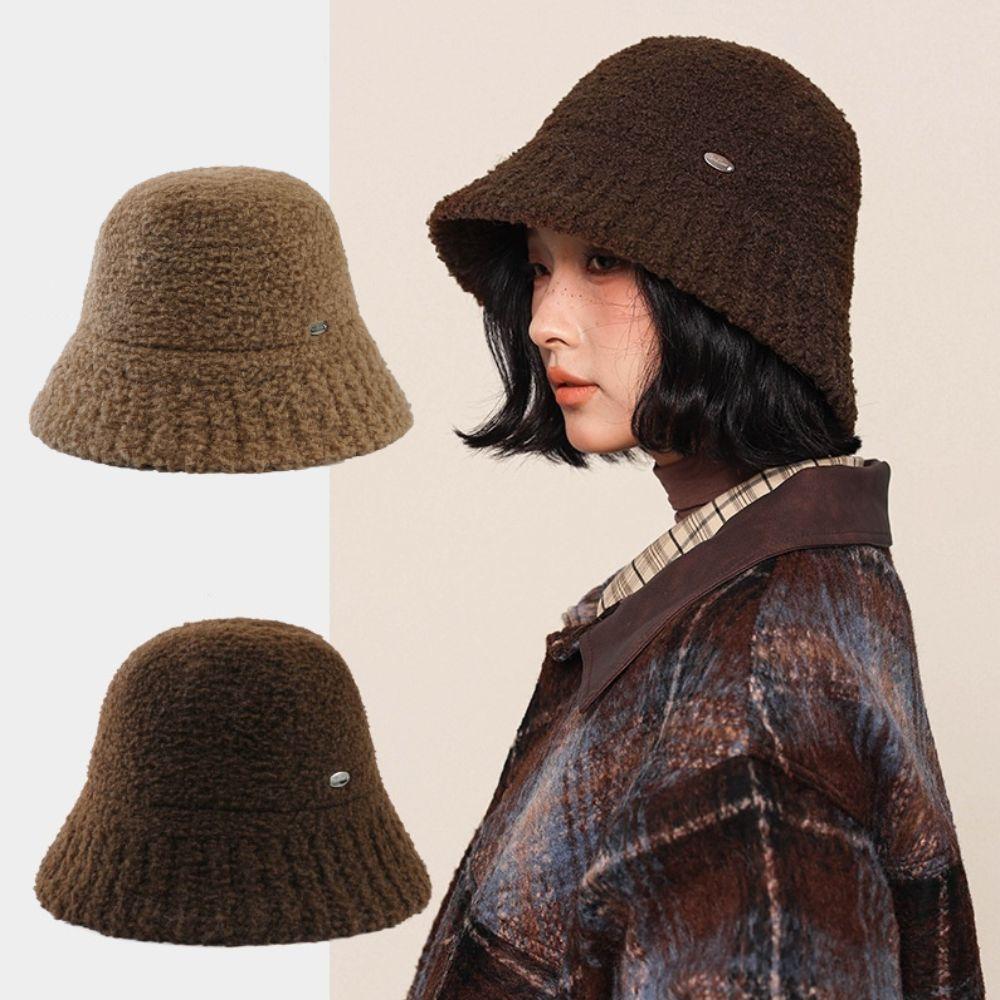 Retro Vintage Plüsch Fischerkappen Breitkrempiger Warmer Beckenhut Damen Bucket Hat Weiblich Dame