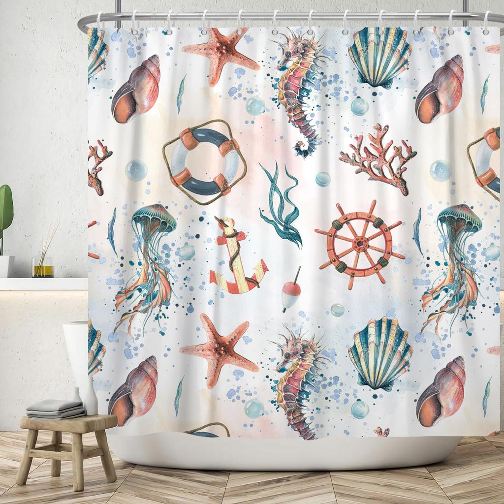 Nautical Theme Shower Curtain With Hooks Sailboat Anchor Seashells Starfish Waves Watercolour Art Modern Bathroom Curtain Decor