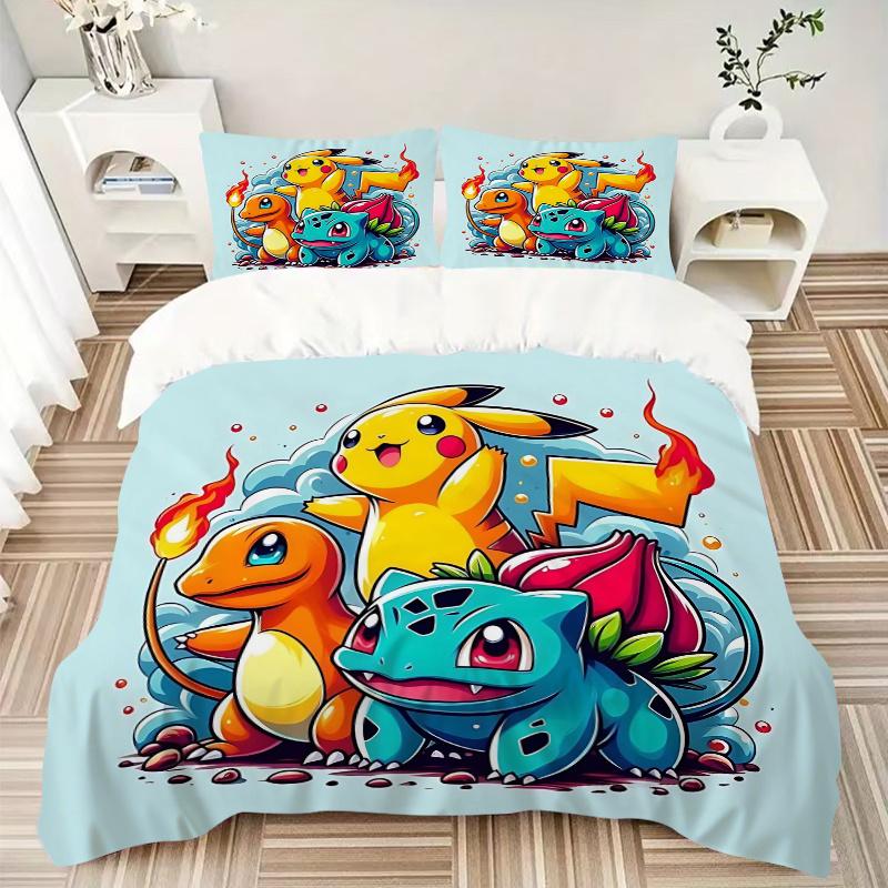 3pcs The Legendary Starters of Pokémon Print Bedding Set (1 Cover + 2 Pillowcases, Without Inserts), This Printed Bedding Set is Soft and