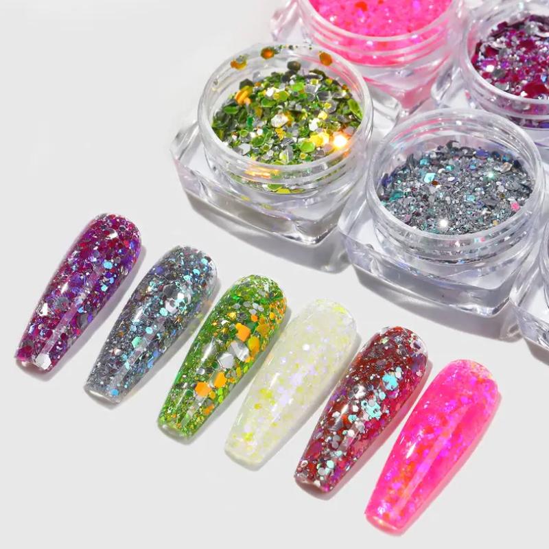6 culori paiete reflectorizante pentru unghii, cu efect dublu, pudră cu sclipici pentru unghii, paiete, decorare pentru arta unghiilor super strălucitoare