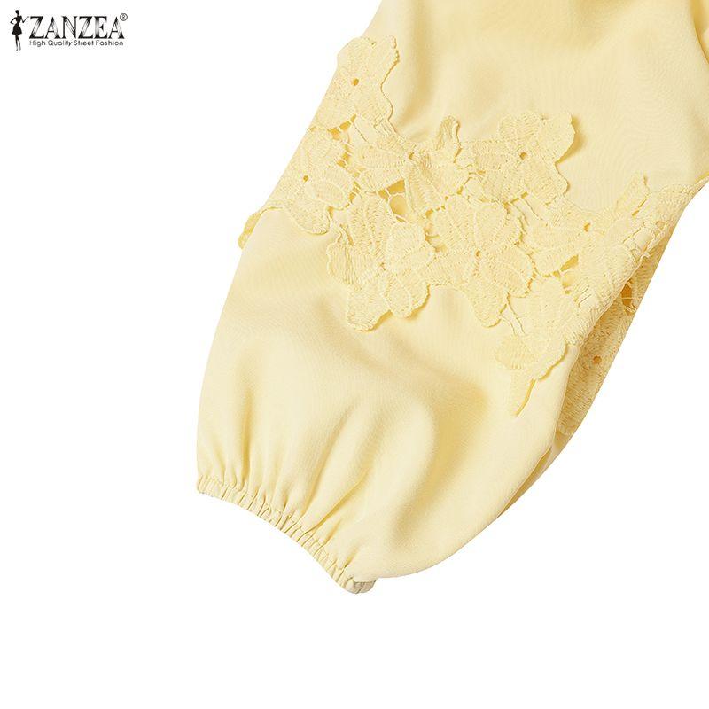 ZANZEA Women Bohemian Lace Crochet Patchwork Casual Long Sleeve Long Dress