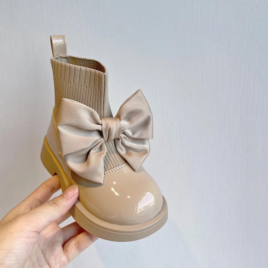 Girl's Sock Boots Chunky Big Bowtie Elegant Cute Children Short Boot Patent Leather Winter  Ship-on Kids Shoe H01256
