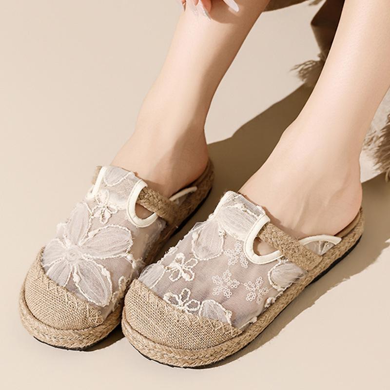 Women's Ethnic Round-Toe Cloth Slippers, Elegant Floral Embroidery, Mesh Retro Style, W005 Summer Collection.