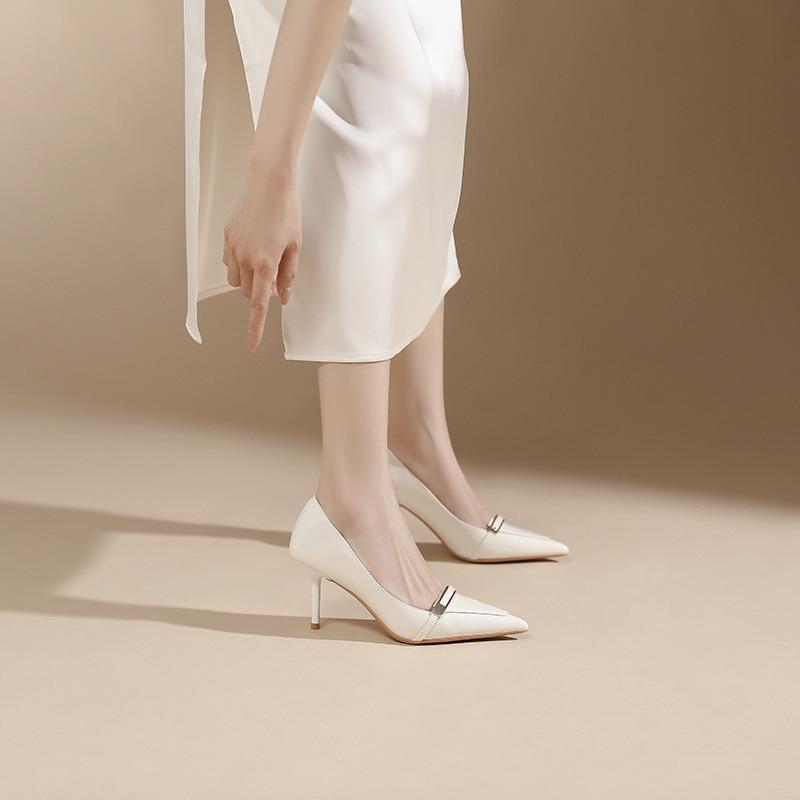 8-Beautiful one-word metal buckle high-heeled single shoes femininity not tired feet pointed stiletto high heels women