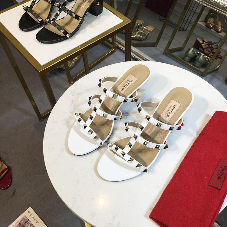 Women's Sandals Summer Woman Heeled Slipper Sandals Leather Brand Rivets High Heels Gladiator Ladies Shoes