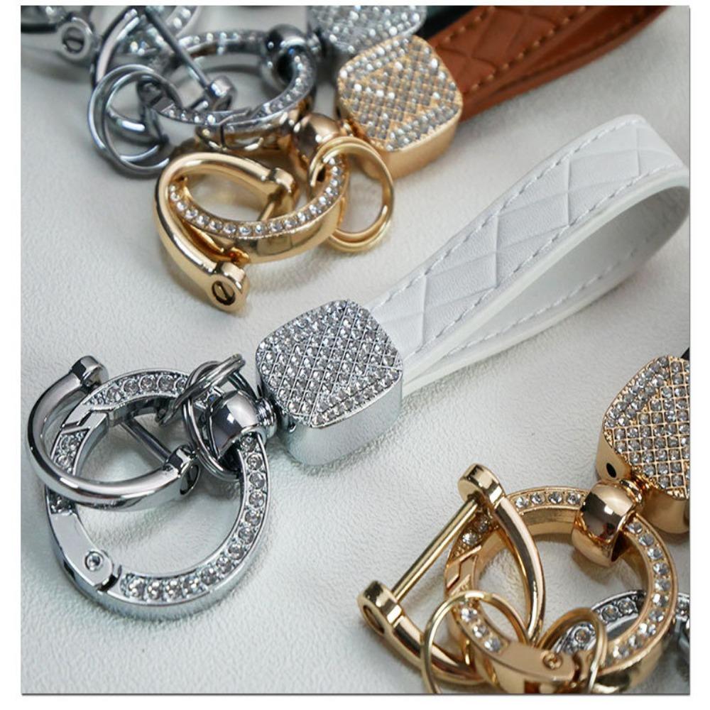 PU Leather Car Key Chain Plaid Durable Car Key Ring Chain Holder Shiny Crystal Pendant Key Ring