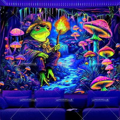 Frosch Schwarzlicht Wandteppich Hippie Pilz Wandteppiche UV-reaktiv Waldhöhle Wandteppich Galaxie Weltraum Neon Wandteppiche Raumdekoration