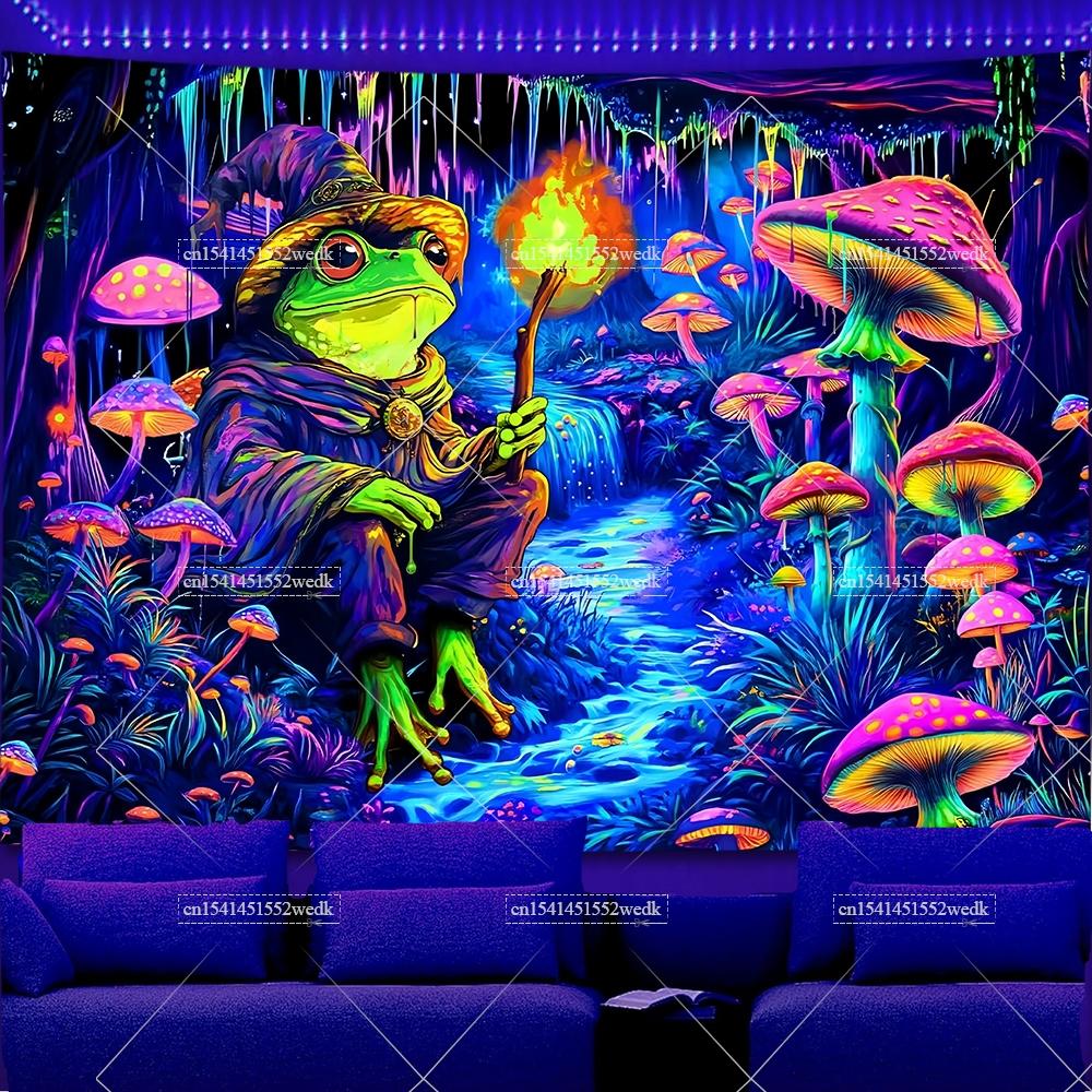 Frog Blacklight Tapestry Hippie Mushroom Tapestries UV Reactive Forest Cave Tapestry Galaxy Space Neon Tapestries Room Decor
