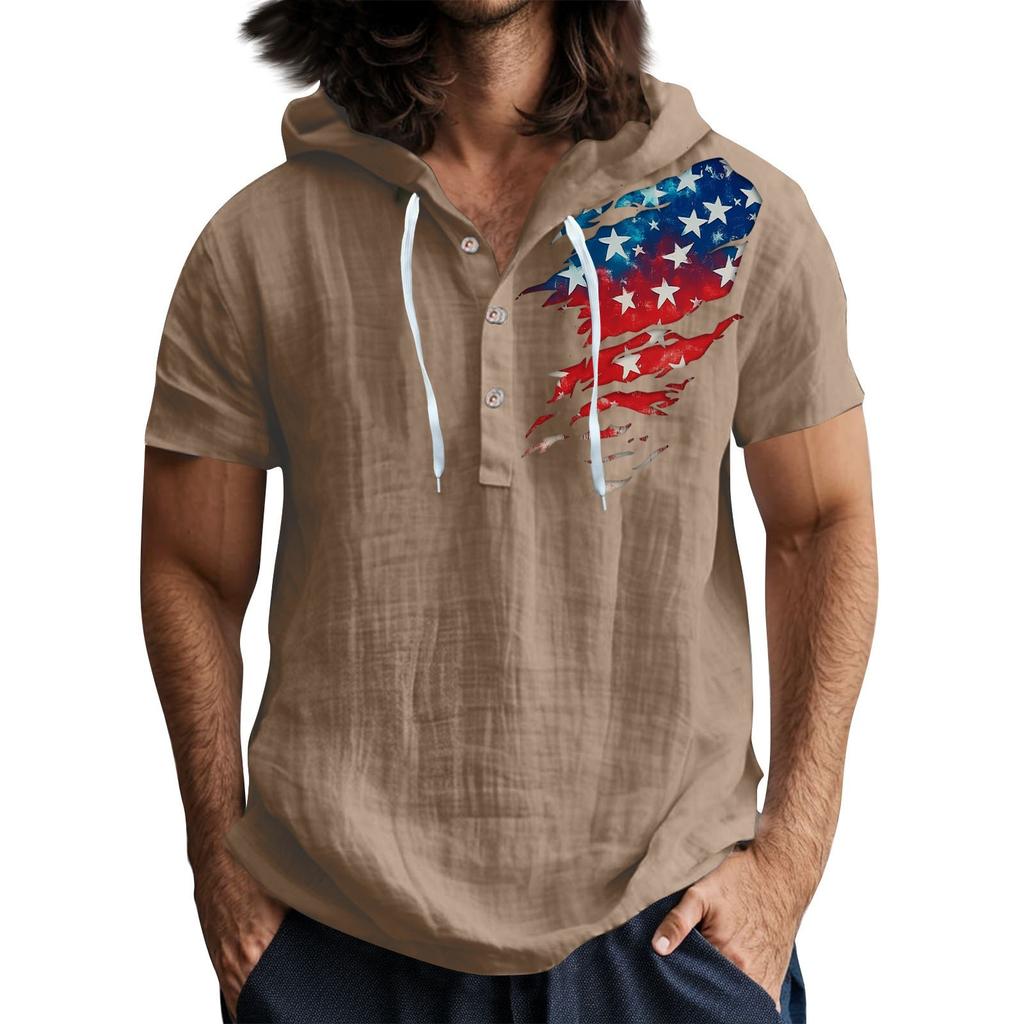 Tricou casual pentru bărbați, cu mânecă scurtă, glugă și nasturi, guler deschis