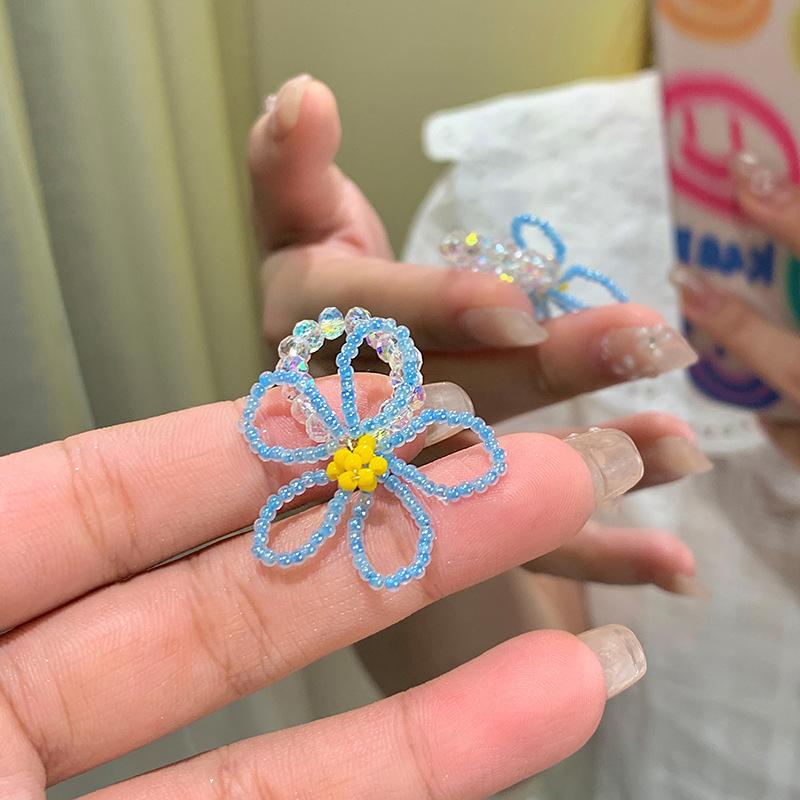 Colorful Beaded Flower Rings For Women Girls Korean  Sweet Large Flower Finger Rings Jewelry Aesthetic Y2K Accessories