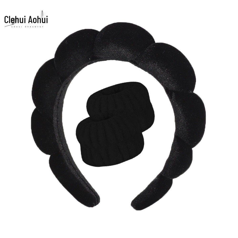 Gold Velvet Spa Headband & Wristband Set for Face Washing & Makeup