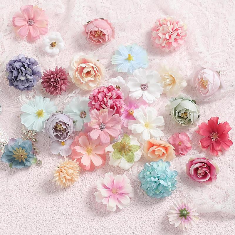 50Pcs Mini Random Color Silk Artificial Flower Head Fake Peony Daisy Rose Flower For Craft Garment Wedding Party DIY Home Decor