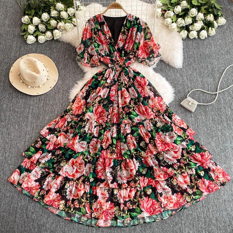 

Palace Style Noble Elegant Graceful Women s Clothing 2024 Summer Ruffles Fairy Chiffon Print Holiday Dress Women Black Print One size