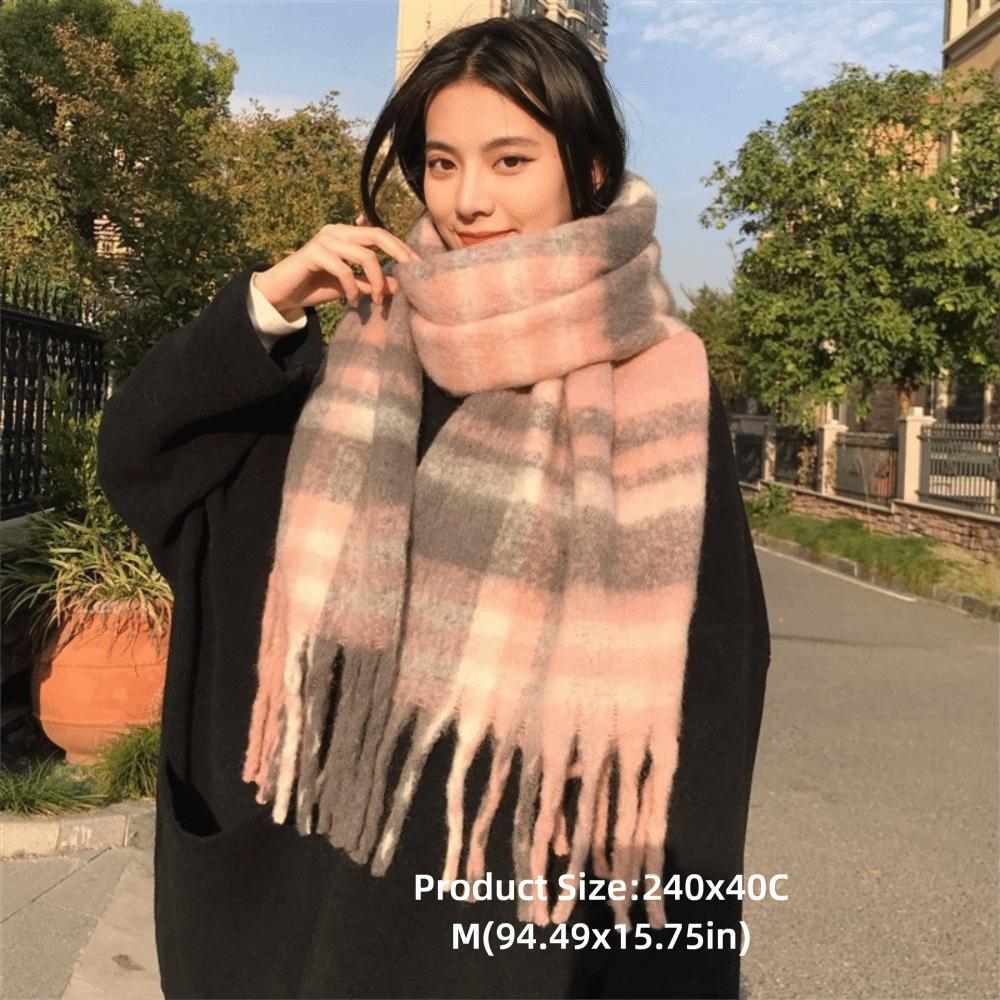 Cold Proof Women Mohair Plaid Scarf Thermal Fall Winter Neck Scarf Warm Tassel Shawl Wrap Students