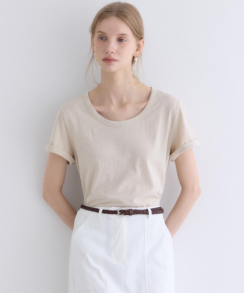 OURHOPE Linen Logo U-Neck T-Shirt - Linen